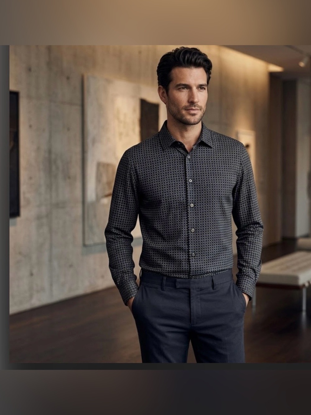 Hugo Boss Black Geo-Pattern Long-Sleeve Dress Shirt size L